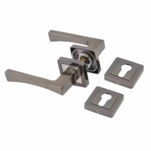 Mâner cu rozetă pătrată pentru ușă interior, aliaj metalic, gri satinat, 121×50 mm