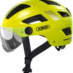 Cască bicicletă oraș Abus Hyban 2.0 Ace, LED spate integrat, vizieră, EN 1078, mărime M, Signal Yellow