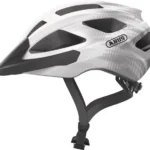 Cască bicicletă MTB Abus Macator, mărime L, 270 g, EN 1078, vizieră detașabilă, White Silver