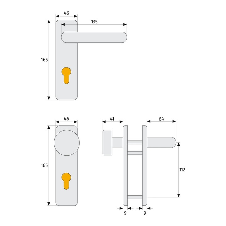 Mâner ușă antifoc Abus KFG cu sild pentru cilindru, buton-mâner, 72 mm