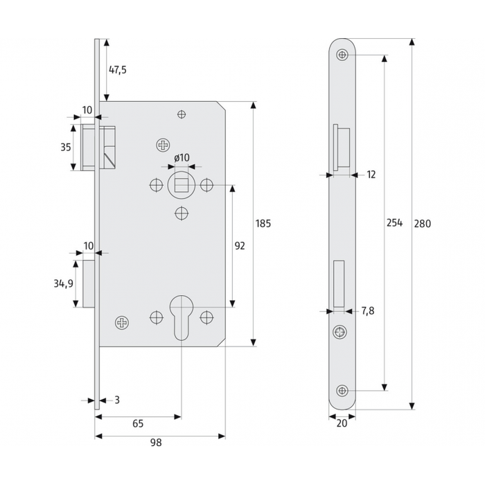 Broască (yală) îngropată ușă exterior și interior Abus ESHT PZ L G 65/92/20, pentru butuc, 65x92 mm, stânga, zincat, auriu - imagine 2