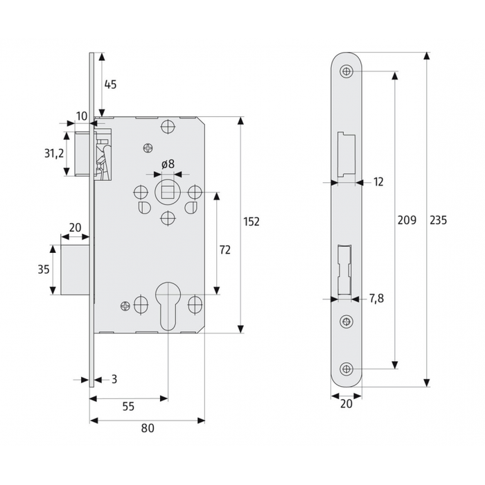 Broască îngropată pentru uși interior Abus ES PZ2 55/72/20 L G, 55 × 72 mm