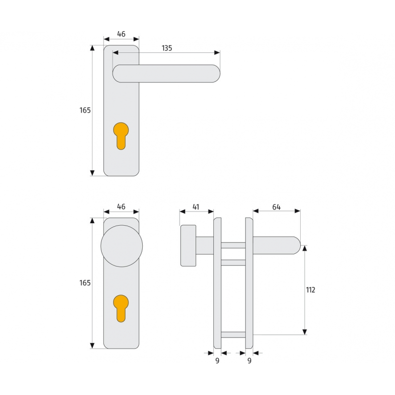 Mâner ușă antifoc Abus cu sild pentru cilindru, mâner-mâner, negru, 72 × 46 mm